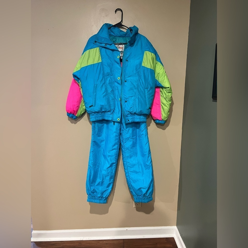 Vgt Retro 90s Slalom Ski Suit 2pc Bubble Puffer Jacket & Pants Color Block Neon